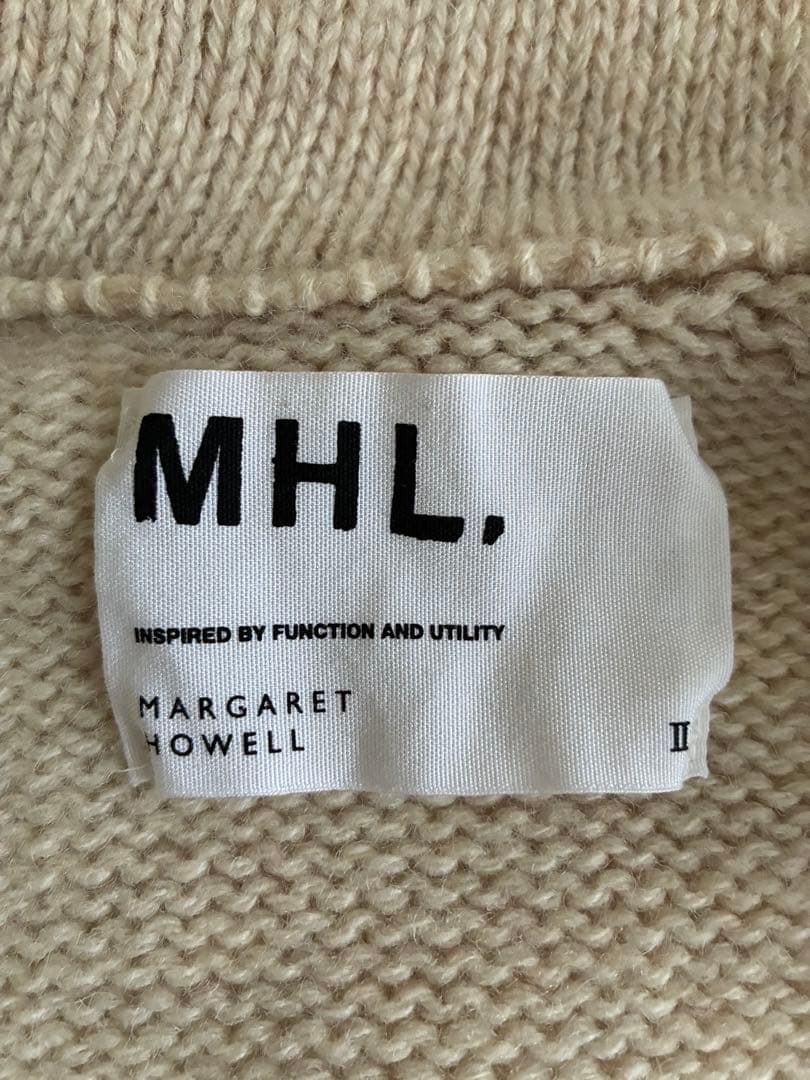 美品　MHL, マーガレットハウエル　ベージュ 襟付き ニットカーディガン　M