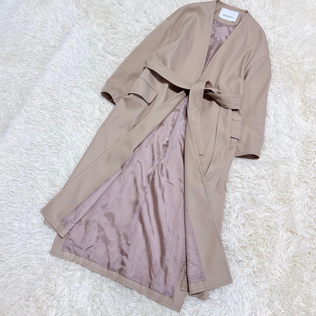 極美品　ANAYI　ロングコート　ノーカラー　ベルトコート　ベージュ　38