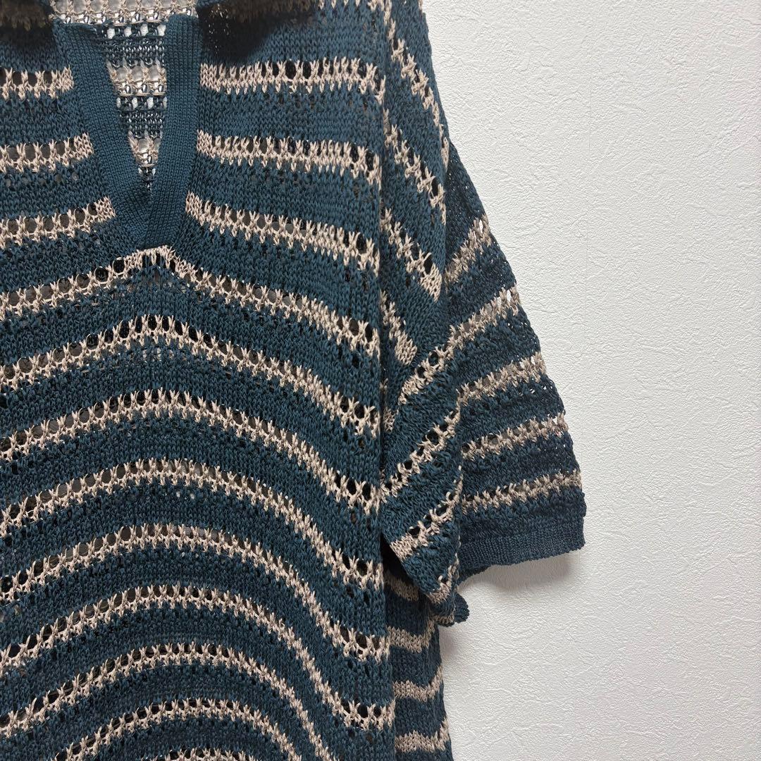 【今期25SS/極美】YOKE ボーダー メッシュニット スキッパーポロ 2 緑