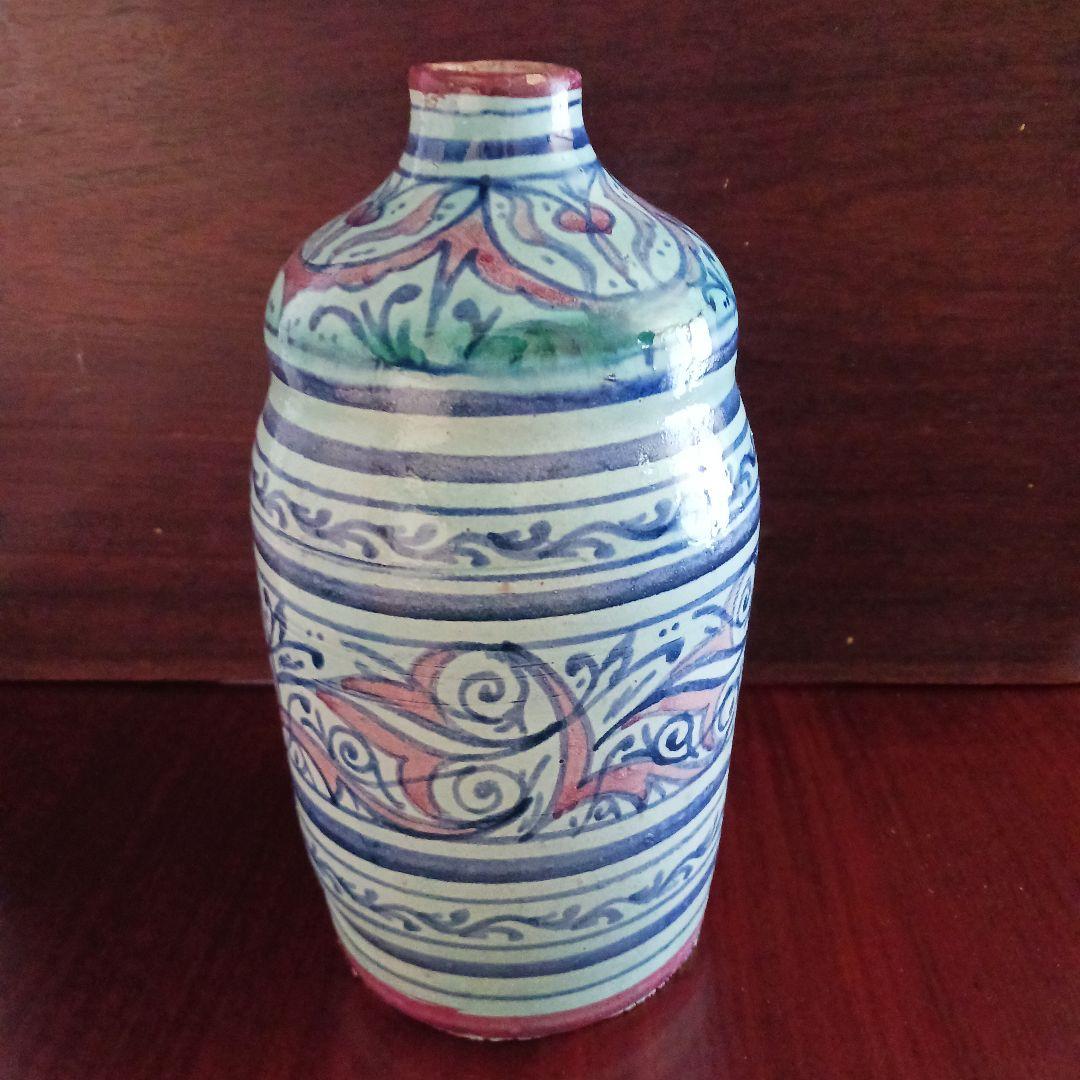 エキゾチック陶器壺 22.5cm 青緑 手描き文様 インテリア オブジェ