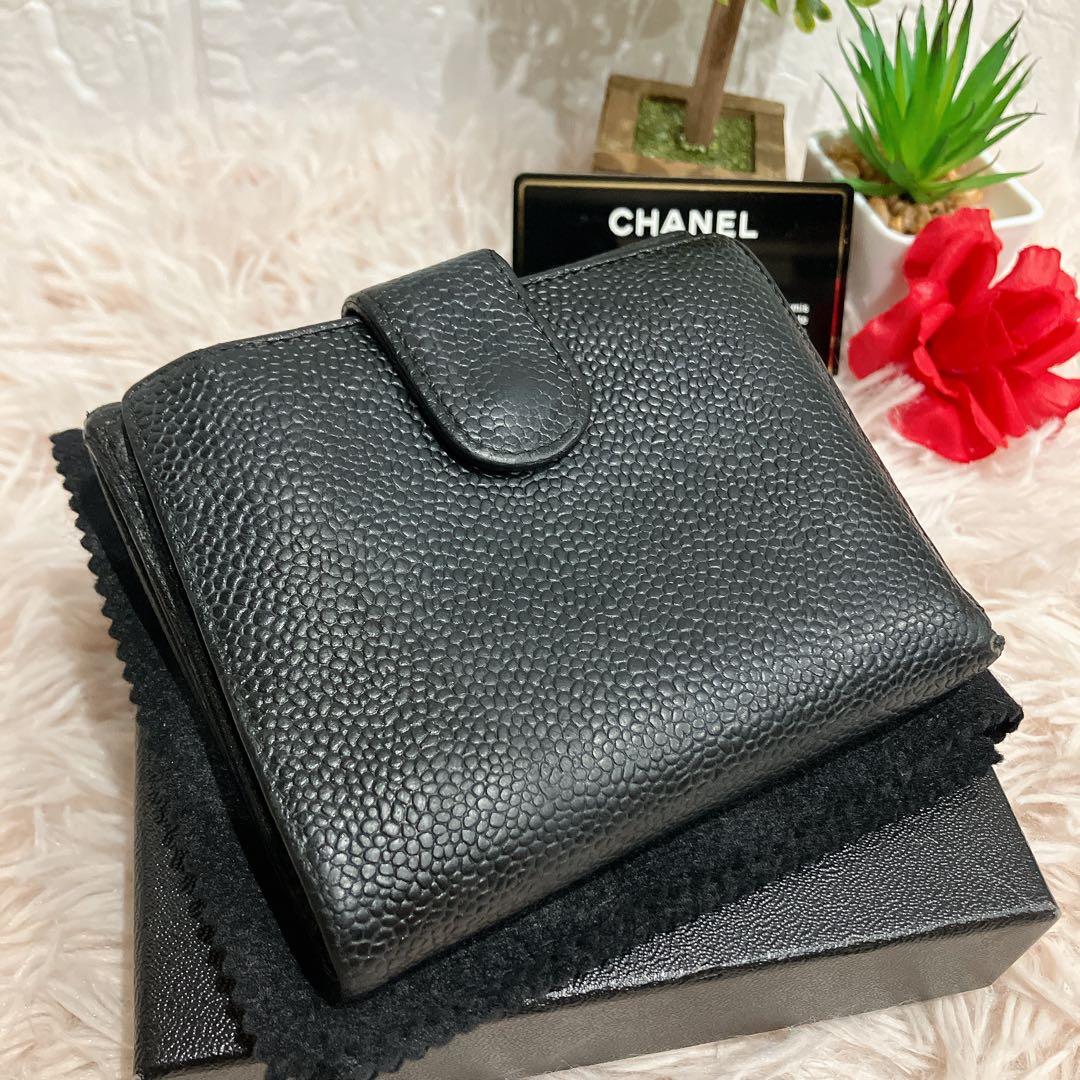 高級品 CHANEL 二つ折り財布 ココマーク キャビアスキン レザー Wホック