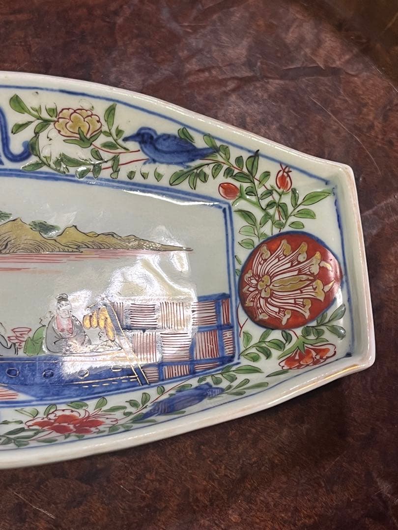古伊万里　色絵　長皿　無傷完品　上手　赤絵　花唐草　唐草　柿右衛門　鮎皿　舟皿