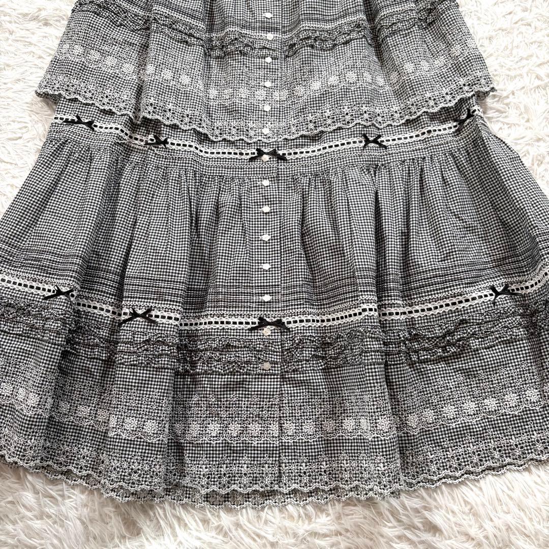美品✨️ピンクハウス　ギンガムチェック　ローン　ティアード　レースロングスカート