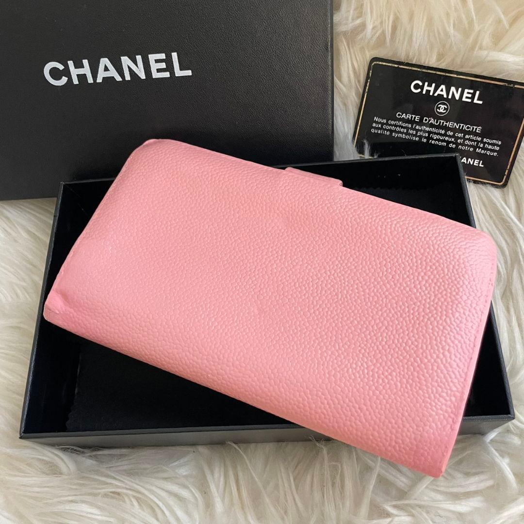 CHANEL シャネル 二つ折り 財布 ピンク ココマーク がま口 キャビア