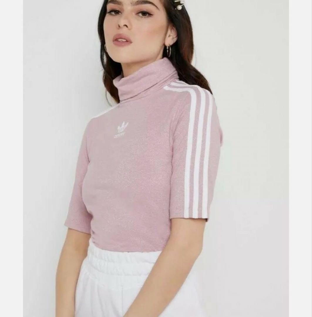 アディダス ハイネック ラメTシャツ モックネック L ピンクadidas