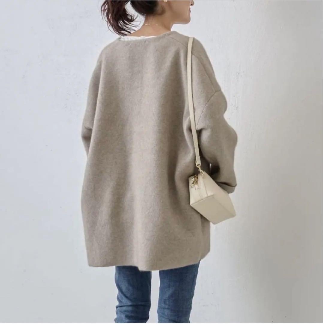 【美品】BEARDSLEY ビアズリー 洗える ニットコート ノーカラー モカ