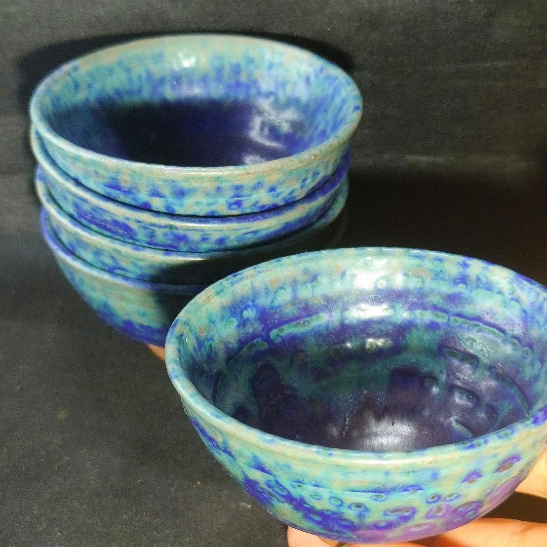 茶道具 中国建泰焼 孔雀藍釉　茶碗5ヶ 青天目 未使用美品 蒐集家放出 骨董