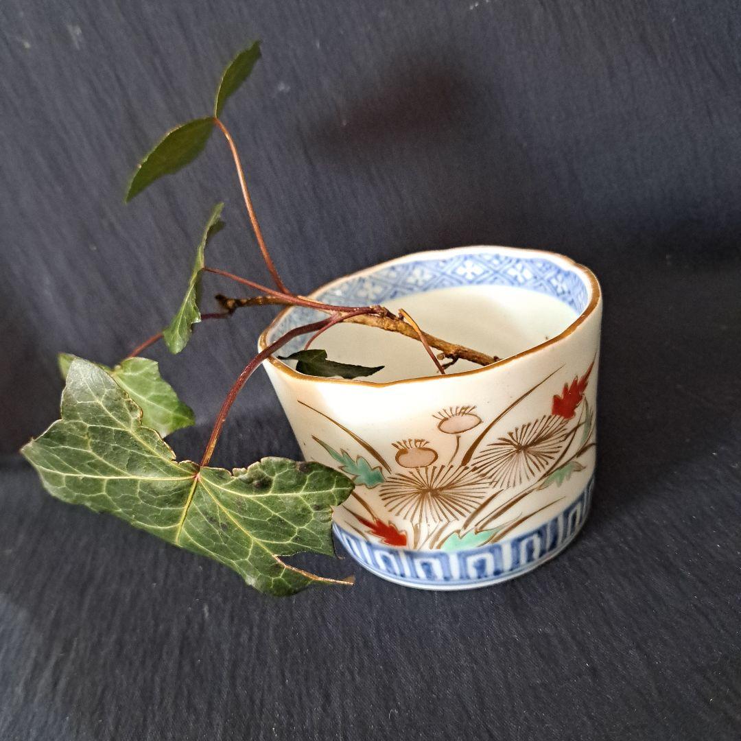 「アザミを愛でる そばちょこ」 古伊万里色絵金彩猪口(直径9.5cm) 骨董アン