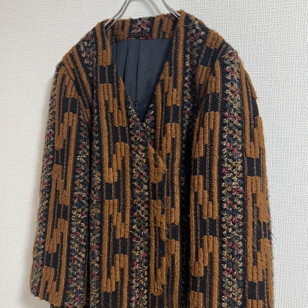 80's ノーカラーコート / ヴィンテージ ジャズネップ 日本製 総柄 古着