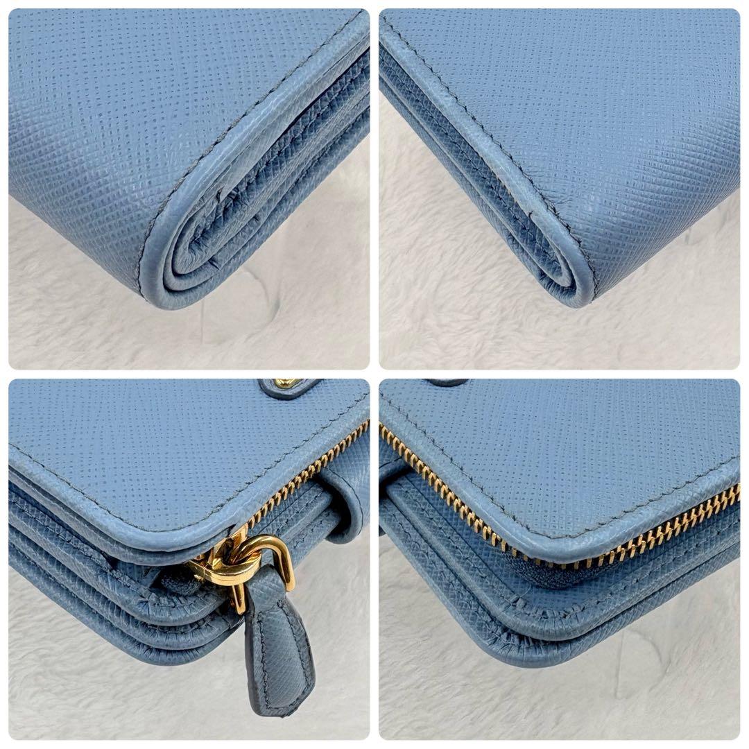 【美品】PRADA　プラダ　二つ折り財布　サフィアーノレザー　三角ロゴ　水色
