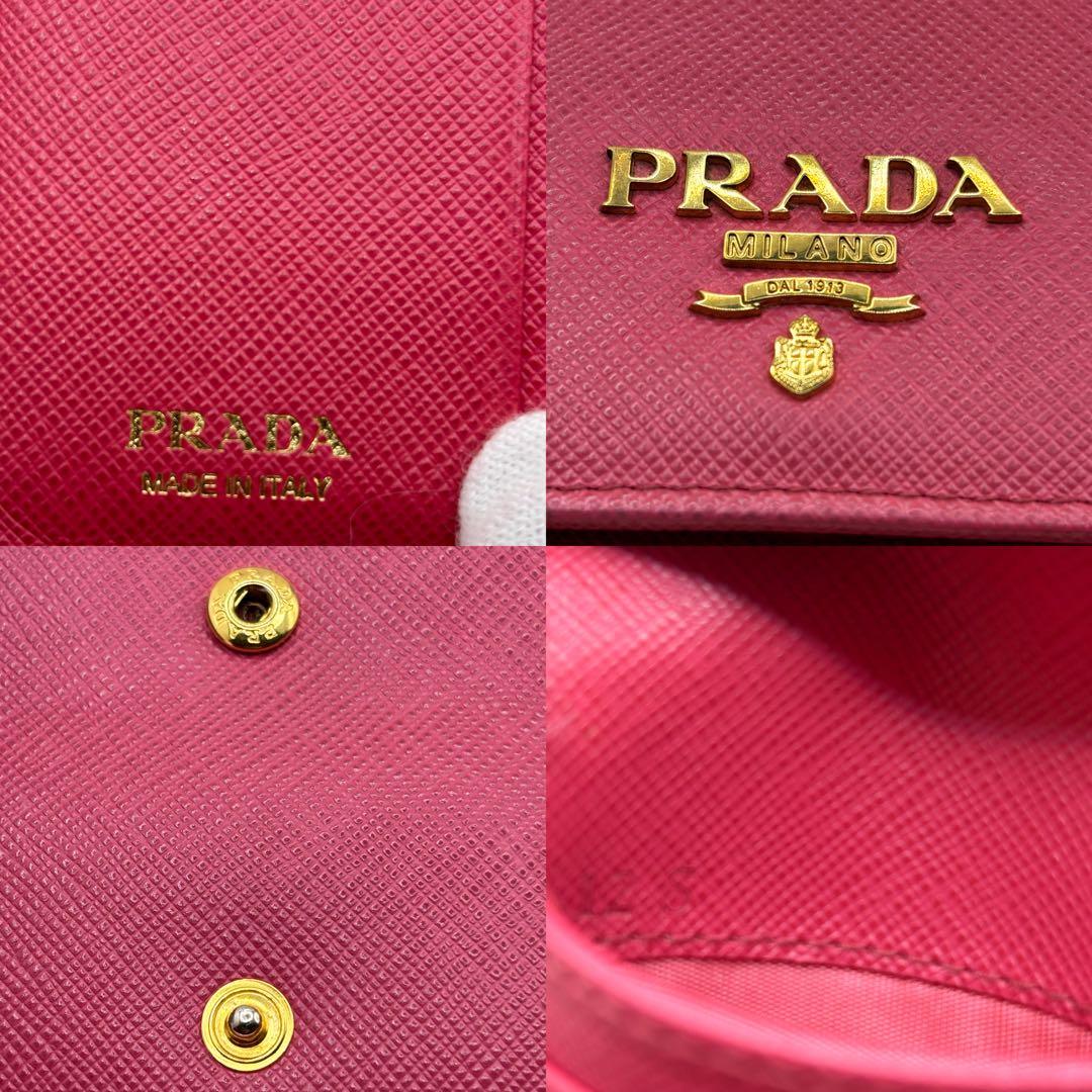 美品　プラダ✨　サフィアーノレザー　赤　レッド　金ロゴ　三つ折り財布　折り財布
