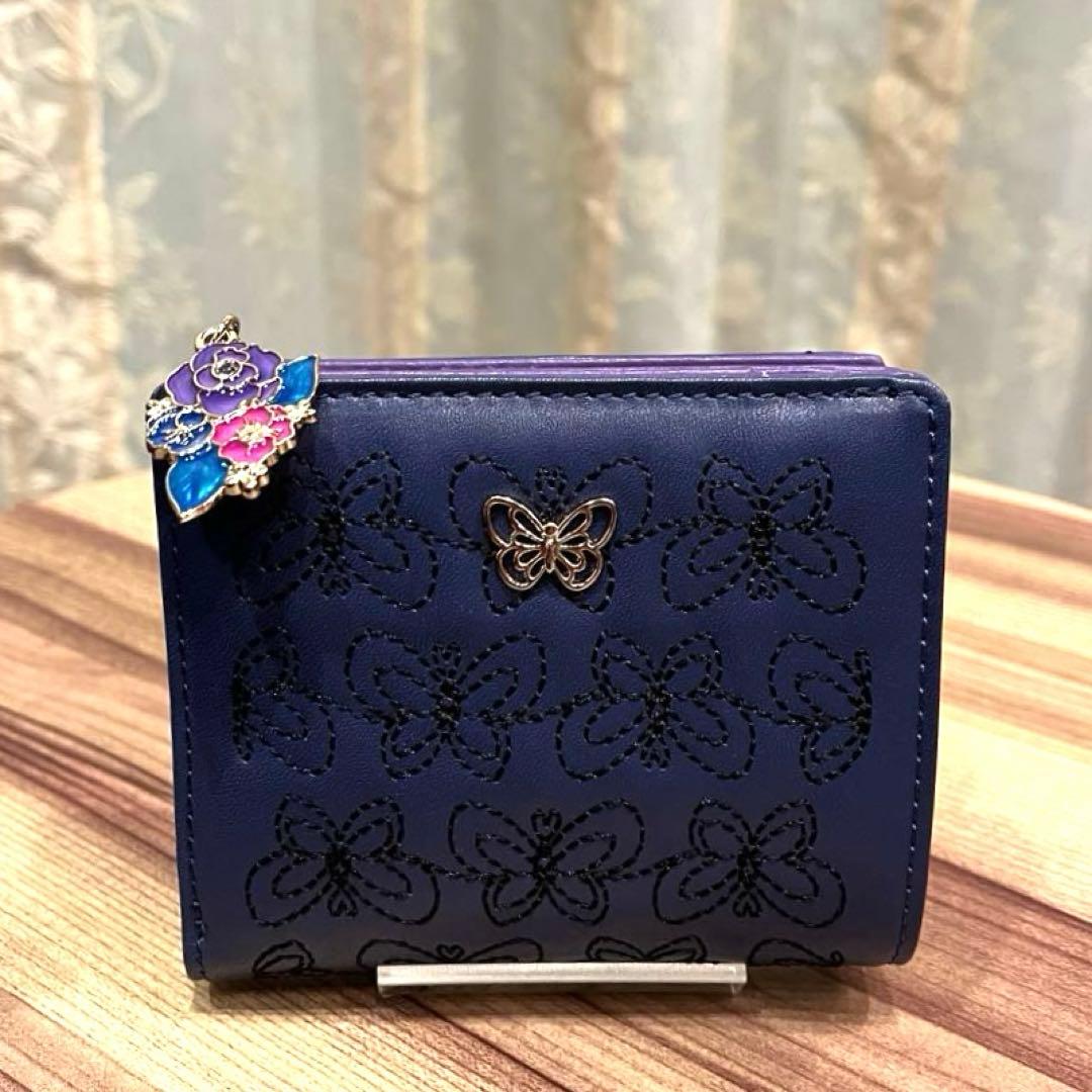✨希少✨新品✨ANNA SUI アナスイ 二つ折り財布 本革 刺繍ロゴ ネイビー