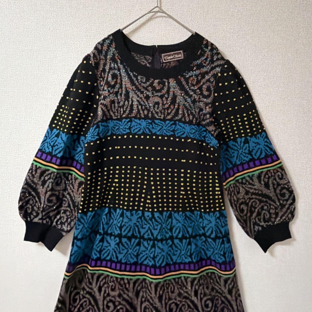 【斎藤都世子】Toyoko Saito ニットワンピース 総柄　青　黒　ラメ