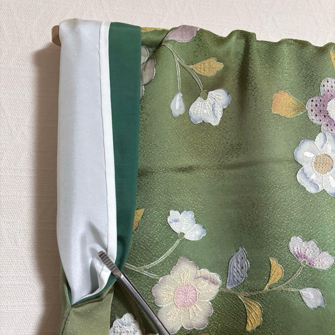 【汕頭刺繍】 金通 キラキラ！ 小振袖 花模様 袷 広衿 身丈約163.5cm