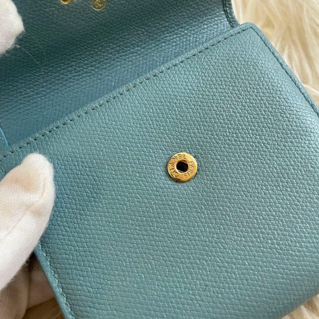 正規品 シャネル CHANEL 三つ折り 財布 ココボタン ブルー