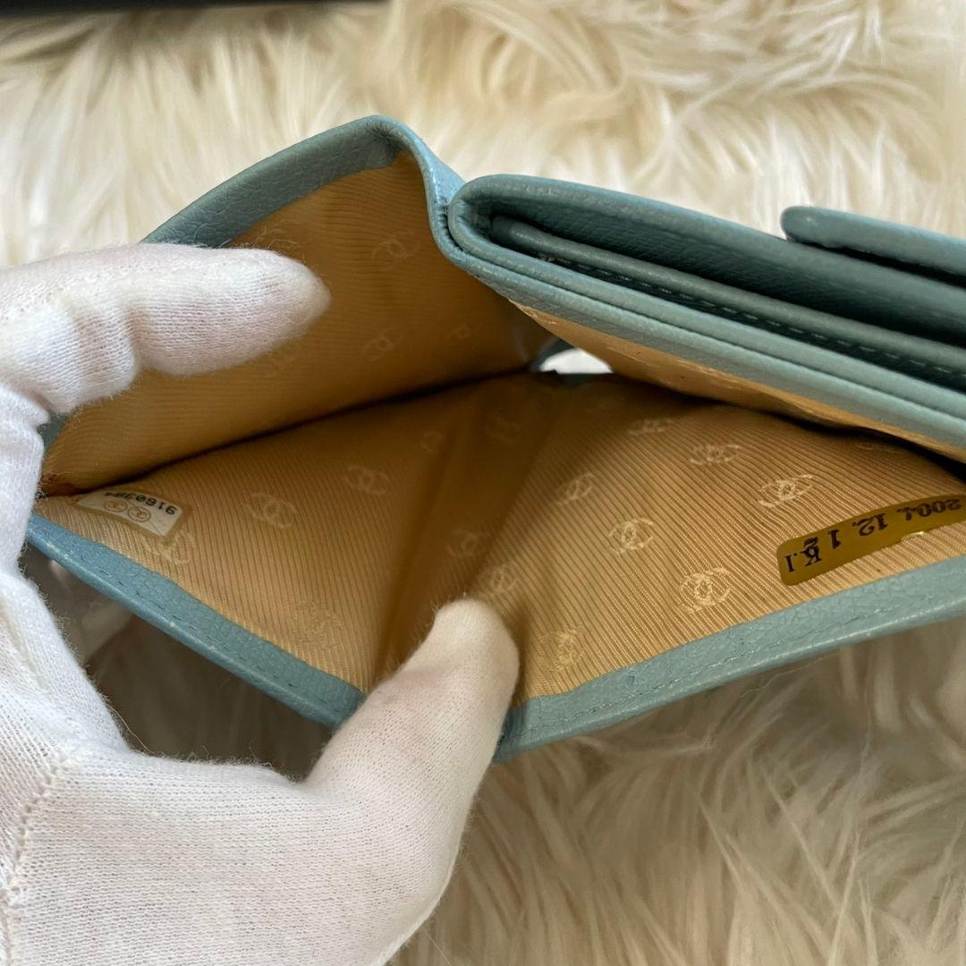 正規品 シャネル CHANEL 三つ折り 財布 ココボタン ブルー