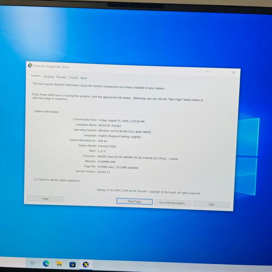 Windowsノート本体 Dell Precicion 5550 Xeon/16/512/T2000