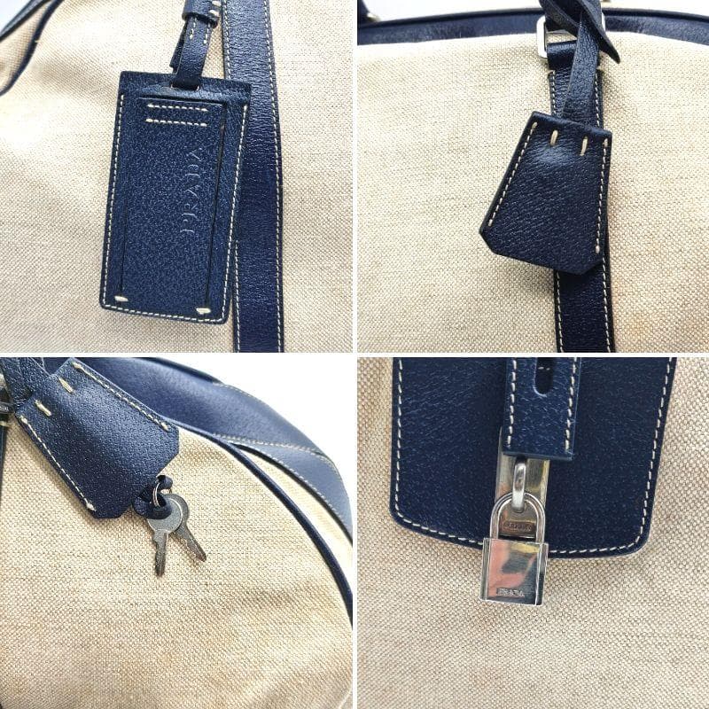 希少 PRADA ボストンバッグ 三角ロゴ キャンバス×レザー 南京錠 鍵付き