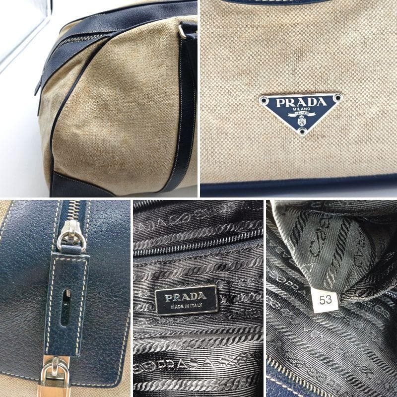 希少 PRADA ボストンバッグ 三角ロゴ キャンバス×レザー 南京錠 鍵付き