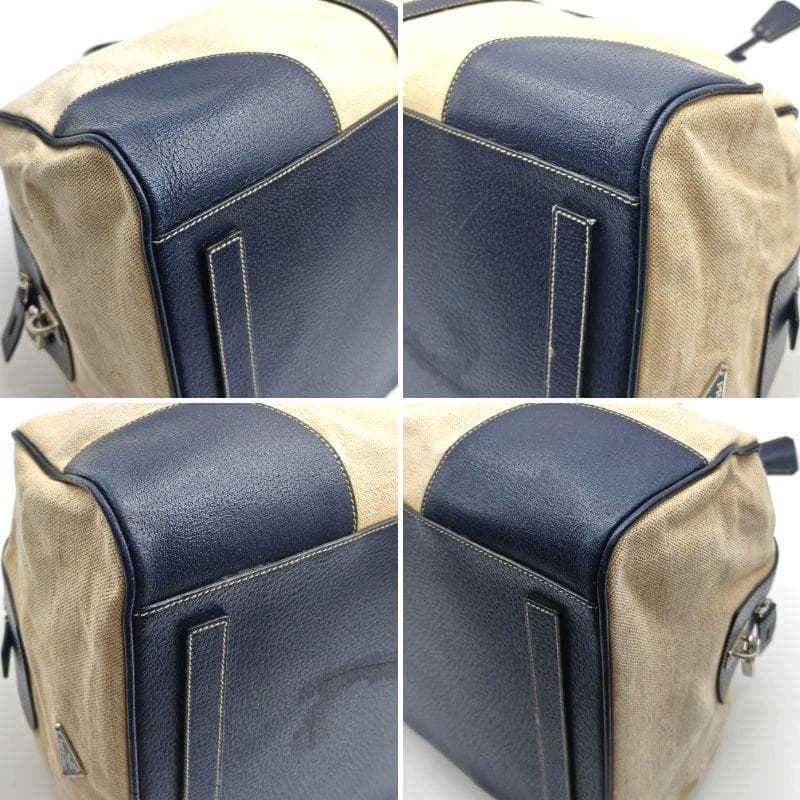 希少 PRADA ボストンバッグ 三角ロゴ キャンバス×レザー 南京錠 鍵付き