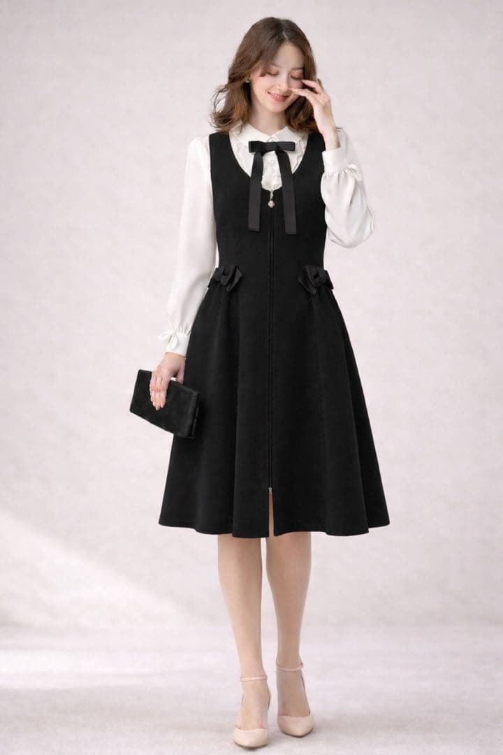 M’S GRACY ジャンパースカート 黒38 フレア リボン 上品