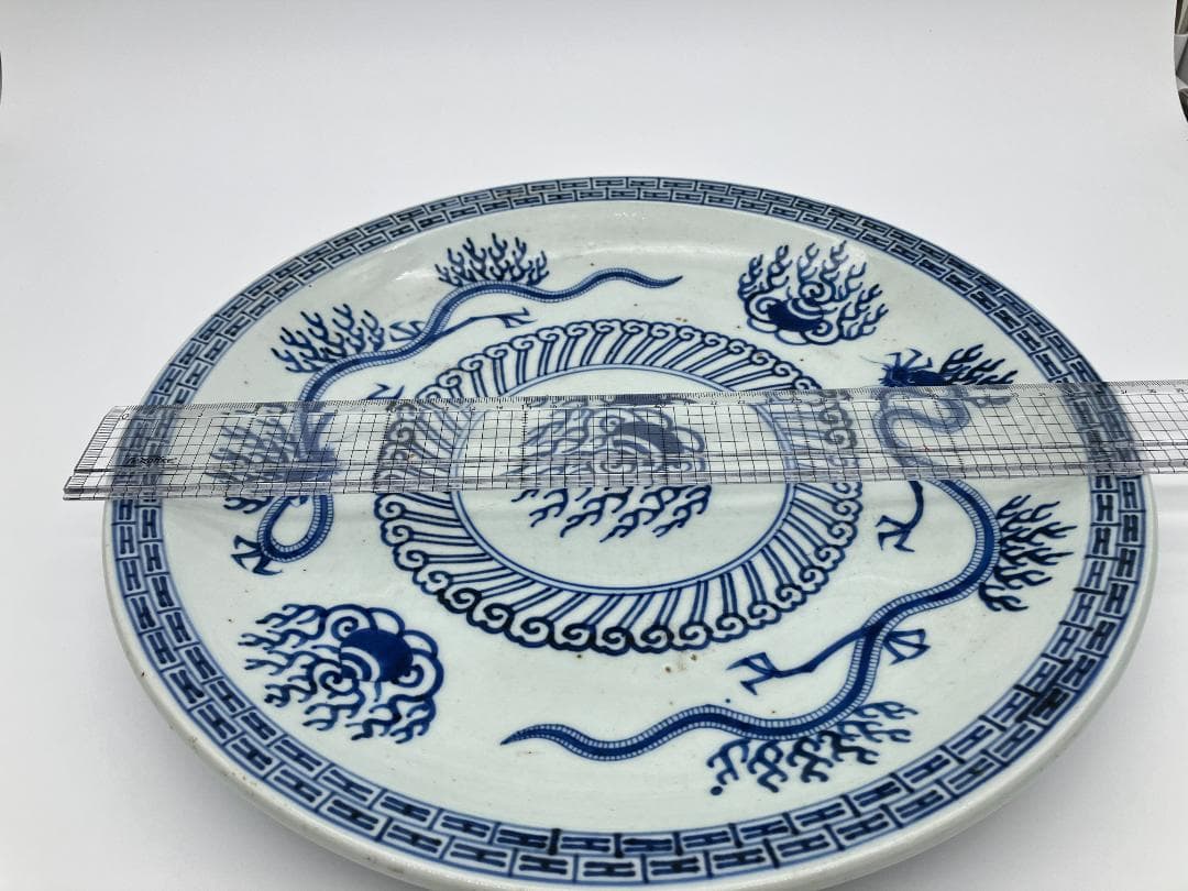 古伊万里　太明成化年製　青華　染付　双竜文　大皿　直径：約37cm　時代物