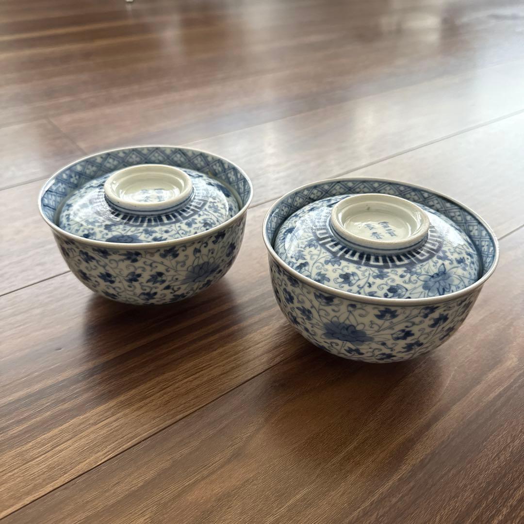 古伊万里　江戸幕末　染付　花唐草　蓋茶碗　2客