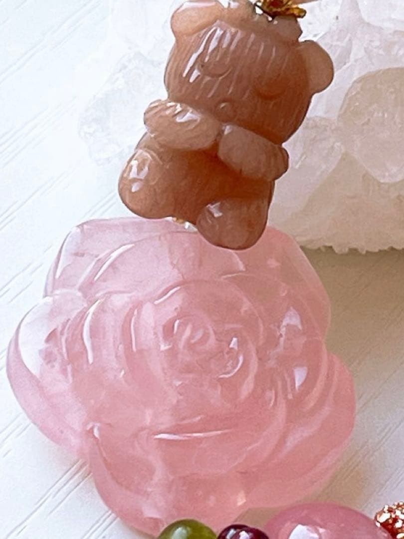 アラシャン くま＆ラリマー・大粒ローズクォーツ薔薇・ムーンストーン天然石ブレス