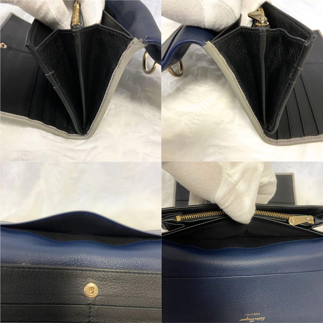 【良品】Salvatore Ferragamo 二つ折り財布 ネイビー 金 金具