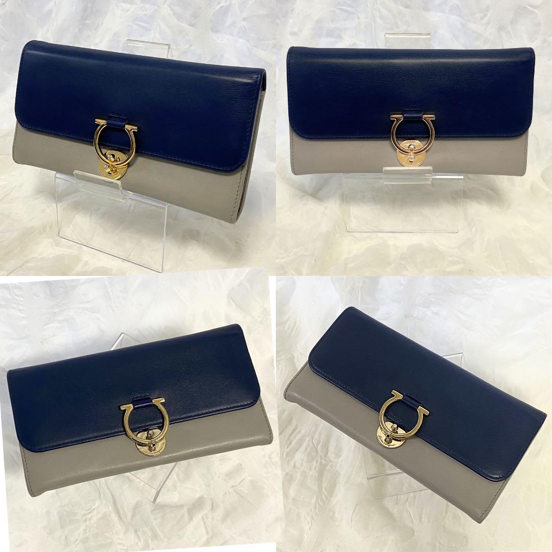【良品】Salvatore Ferragamo 二つ折り財布 ネイビー 金 金具