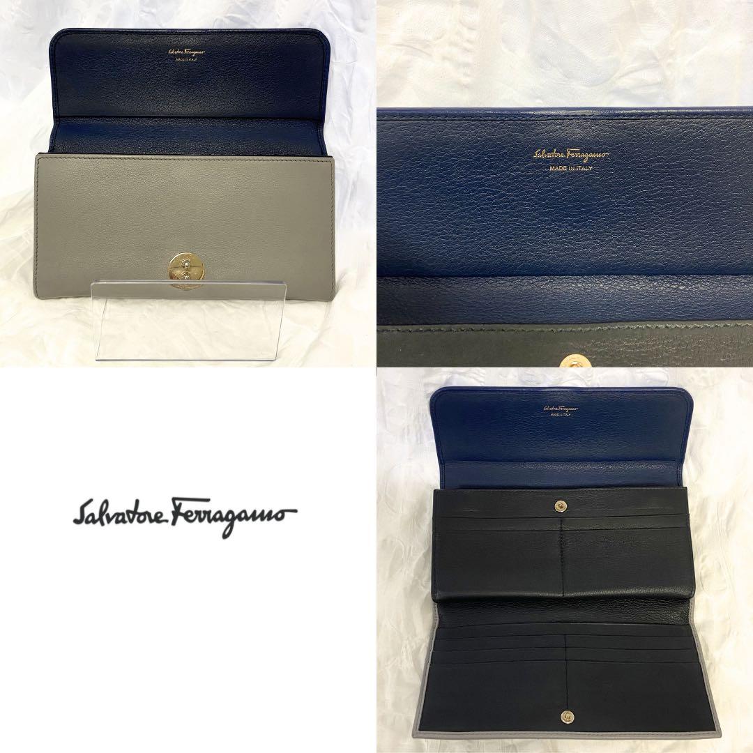 【良品】Salvatore Ferragamo 二つ折り財布 ネイビー 金 金具