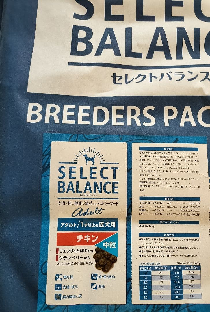 セレクトバランス アダルト 1才以上の成犬用 チキン 中粒 15kg