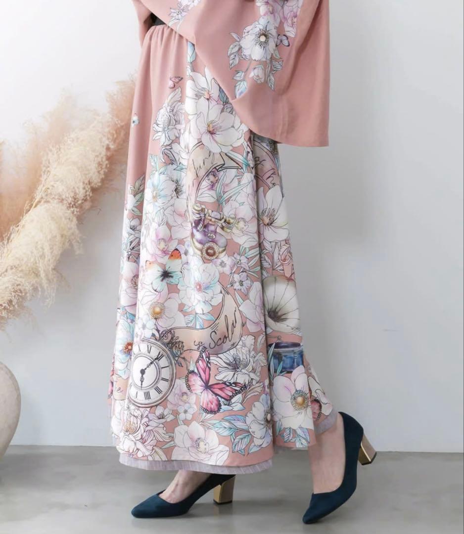 イズスカラー 花柄布帛×ラメ入りストライプ柄 リバーシブルスカート ピンク