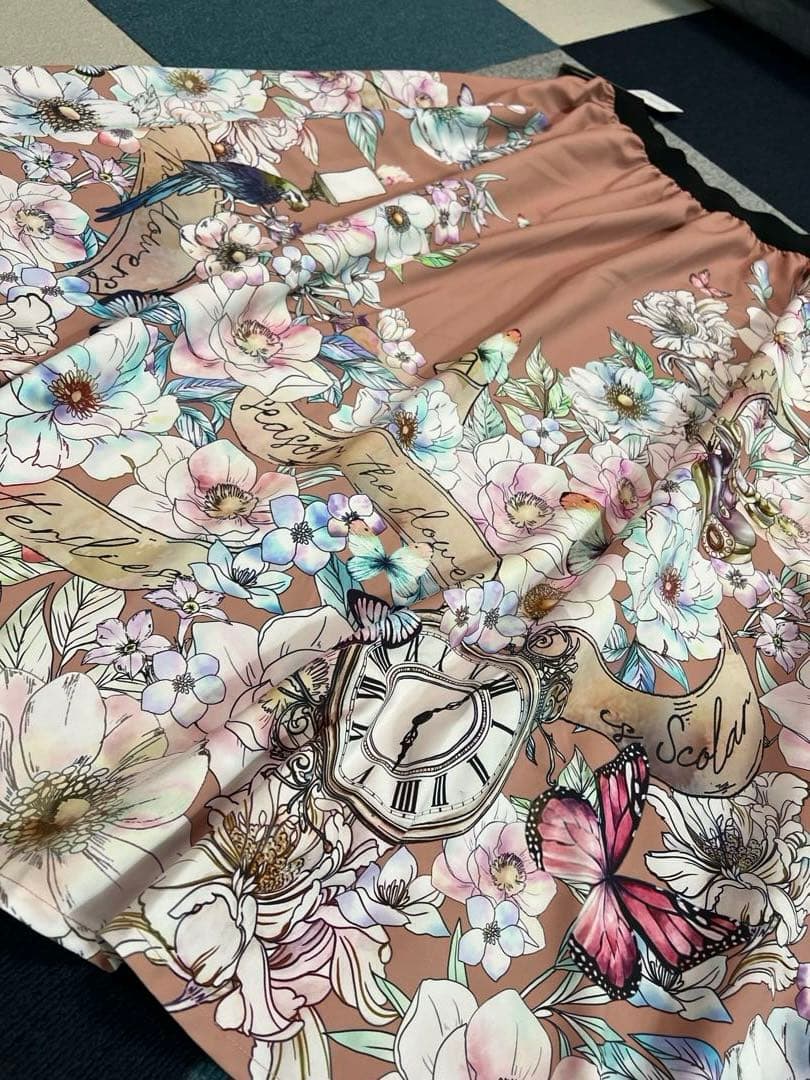 イズスカラー 花柄布帛×ラメ入りストライプ柄 リバーシブルスカート ピンク