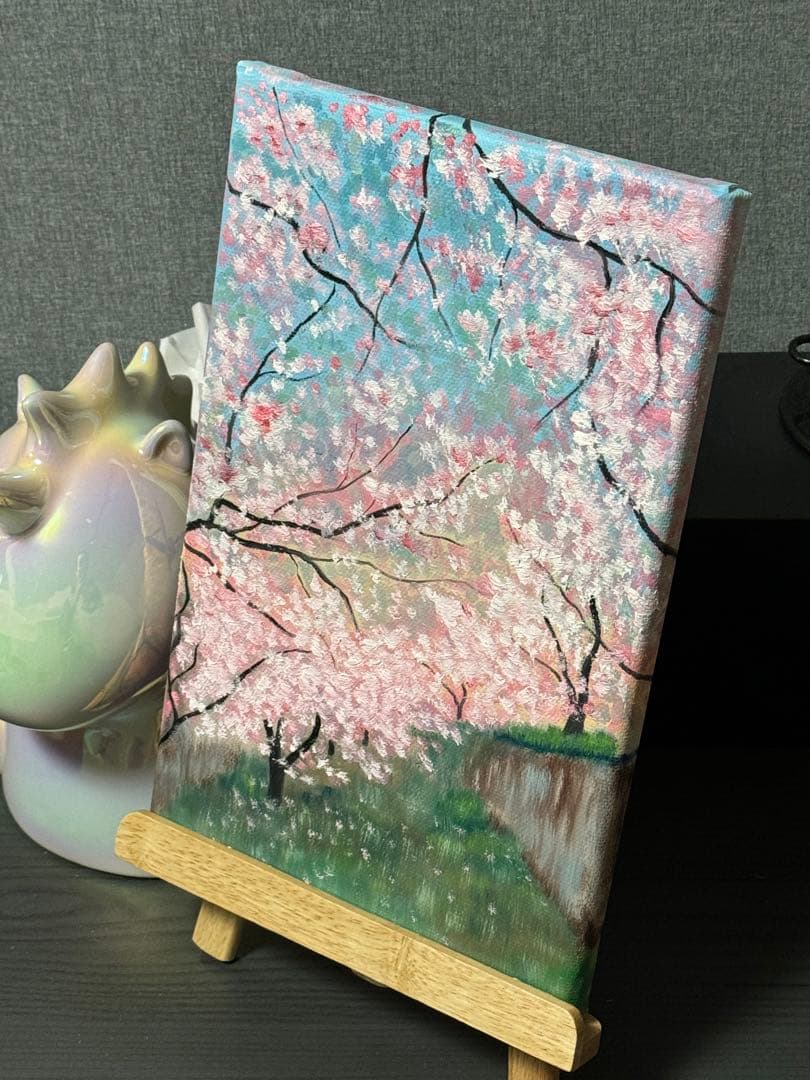 「早桜」　手描き　油絵　風景画　原画　油彩画　印象派