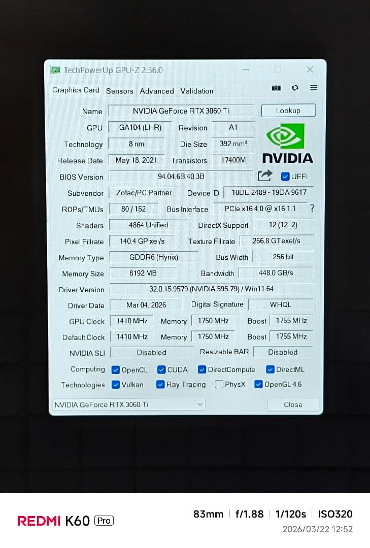 ZOTAC RTX3060Ti OC AMP LHR 8GB GDDR6 動作◎