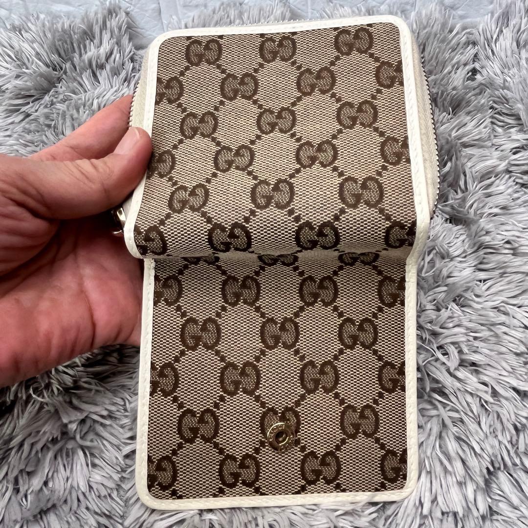良品✨GUCCI 折り財布　GGキャンバス ラウンドジップ　アイボリー