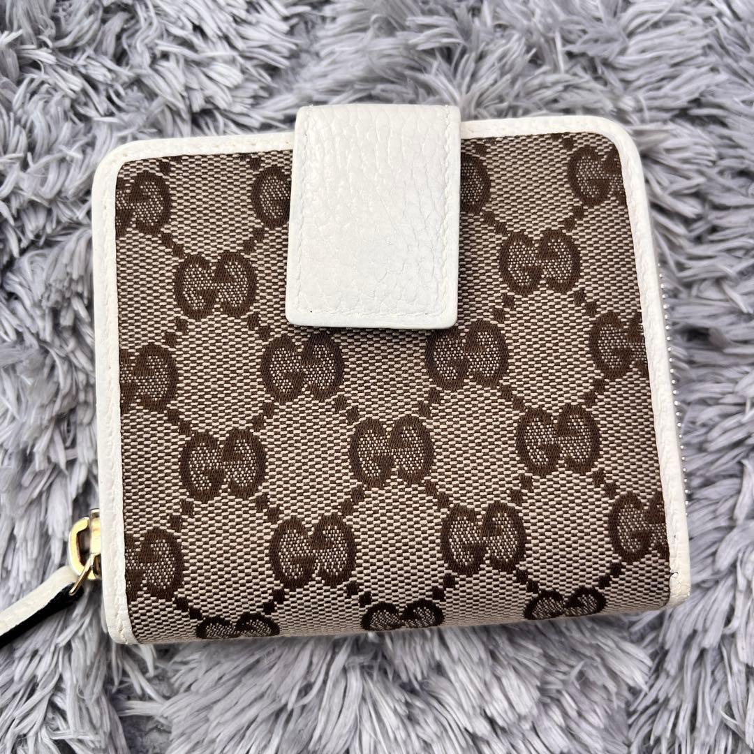 良品✨GUCCI 折り財布　GGキャンバス ラウンドジップ　アイボリー