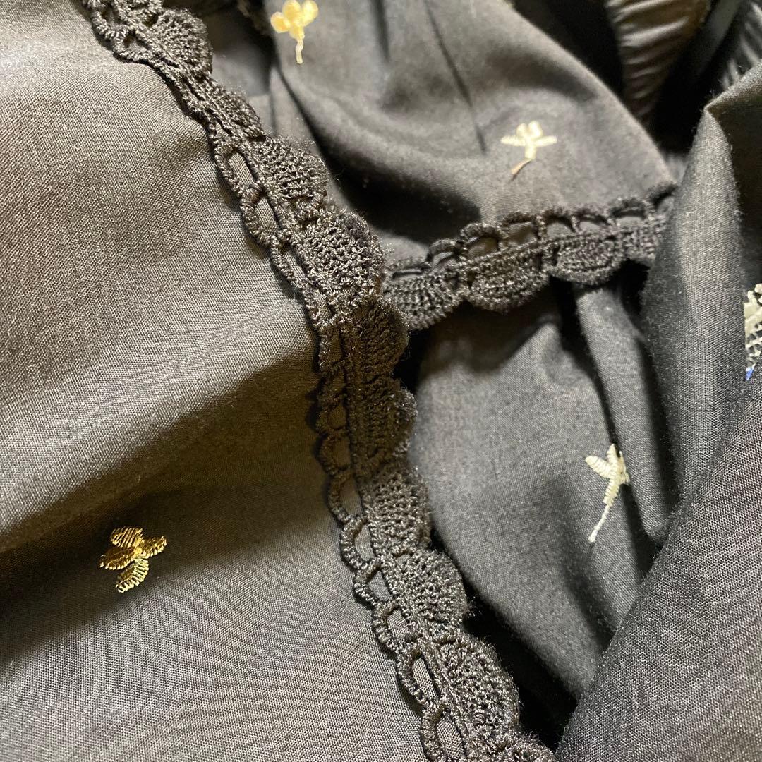 Meridian フラワー刺繍 フリルパンツ　ブラック