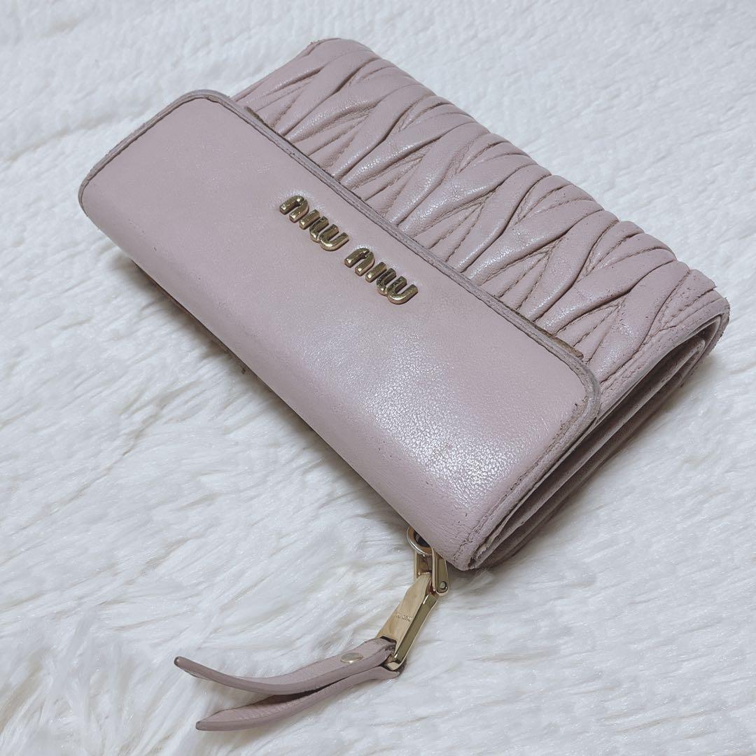 広夢 MIU MIU マテラッセ 三つ折り財布 L字 ファスナー ピンク