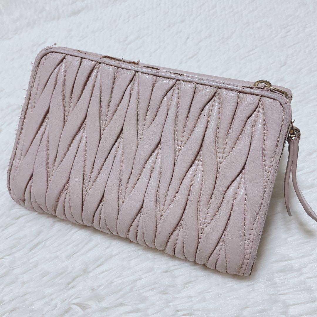広夢 MIU MIU マテラッセ 三つ折り財布 L字 ファスナー ピンク