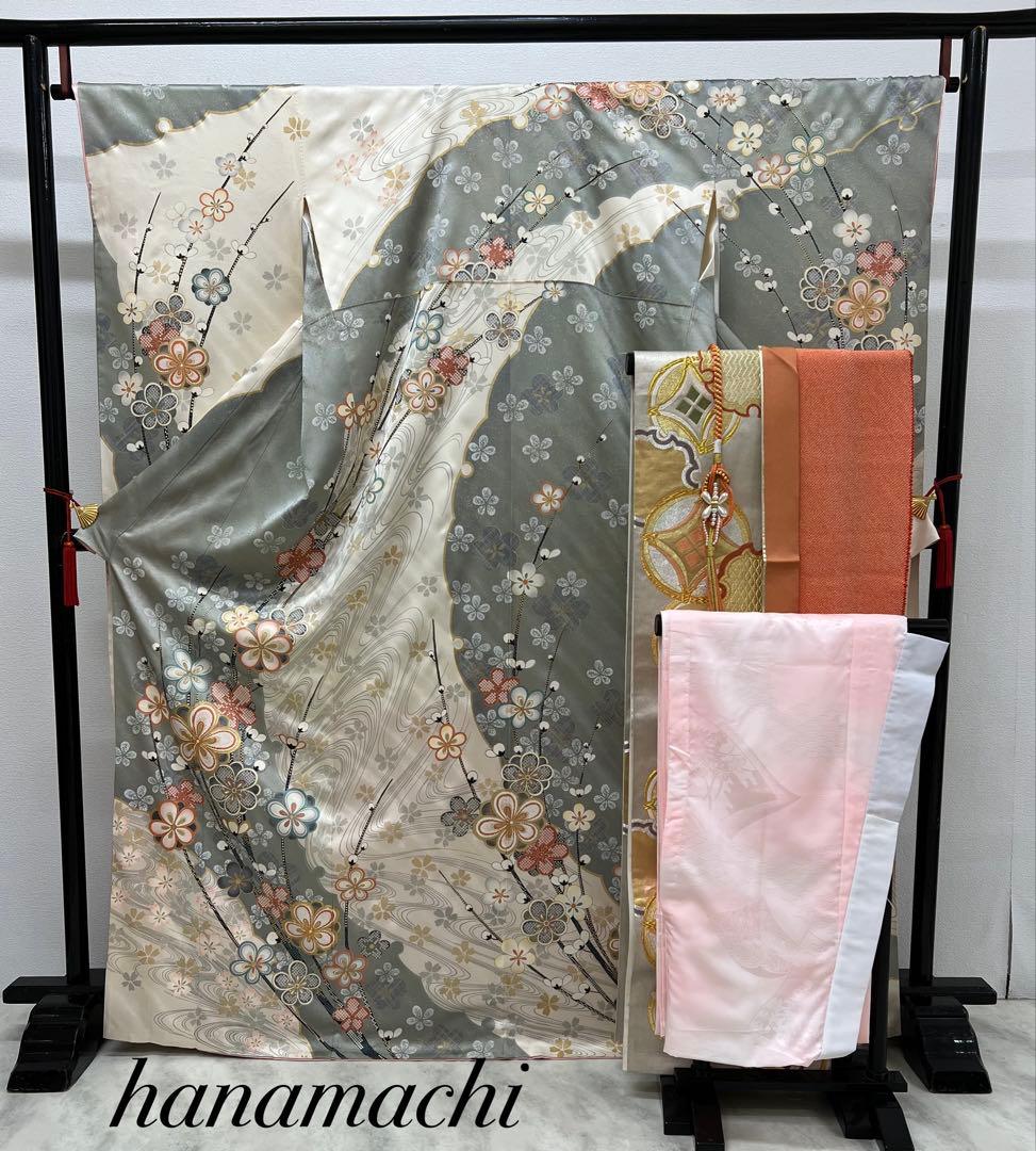 振り袖　フルセット　長襦袢　金彩加工　刺繍入り　白　桜　梅　成人式　839