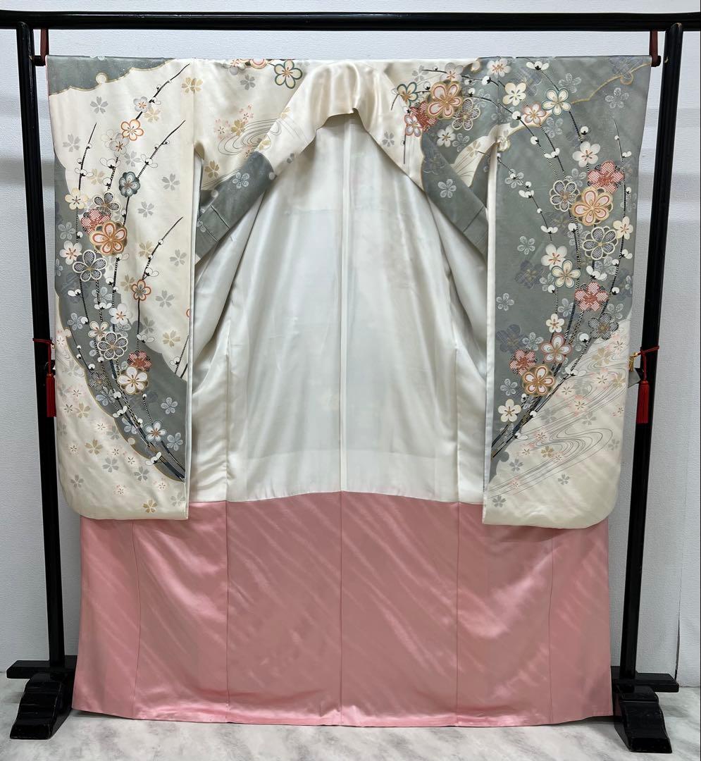 振り袖　フルセット　長襦袢　金彩加工　刺繍入り　白　桜　梅　成人式　839