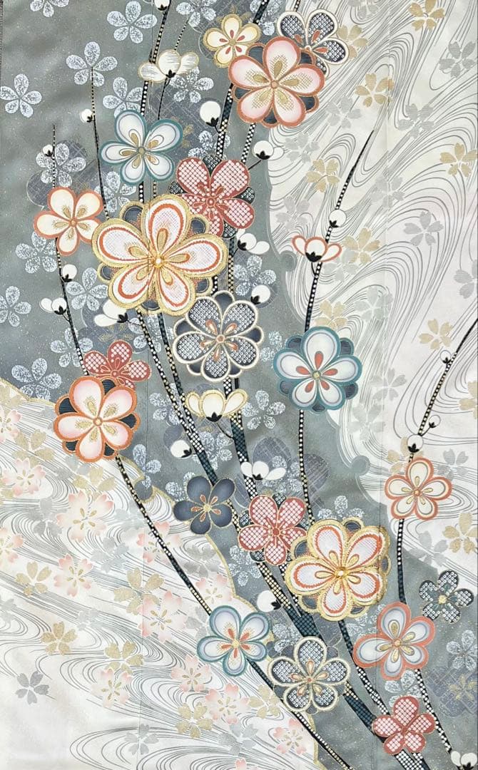 振り袖　フルセット　長襦袢　金彩加工　刺繍入り　白　桜　梅　成人式　839
