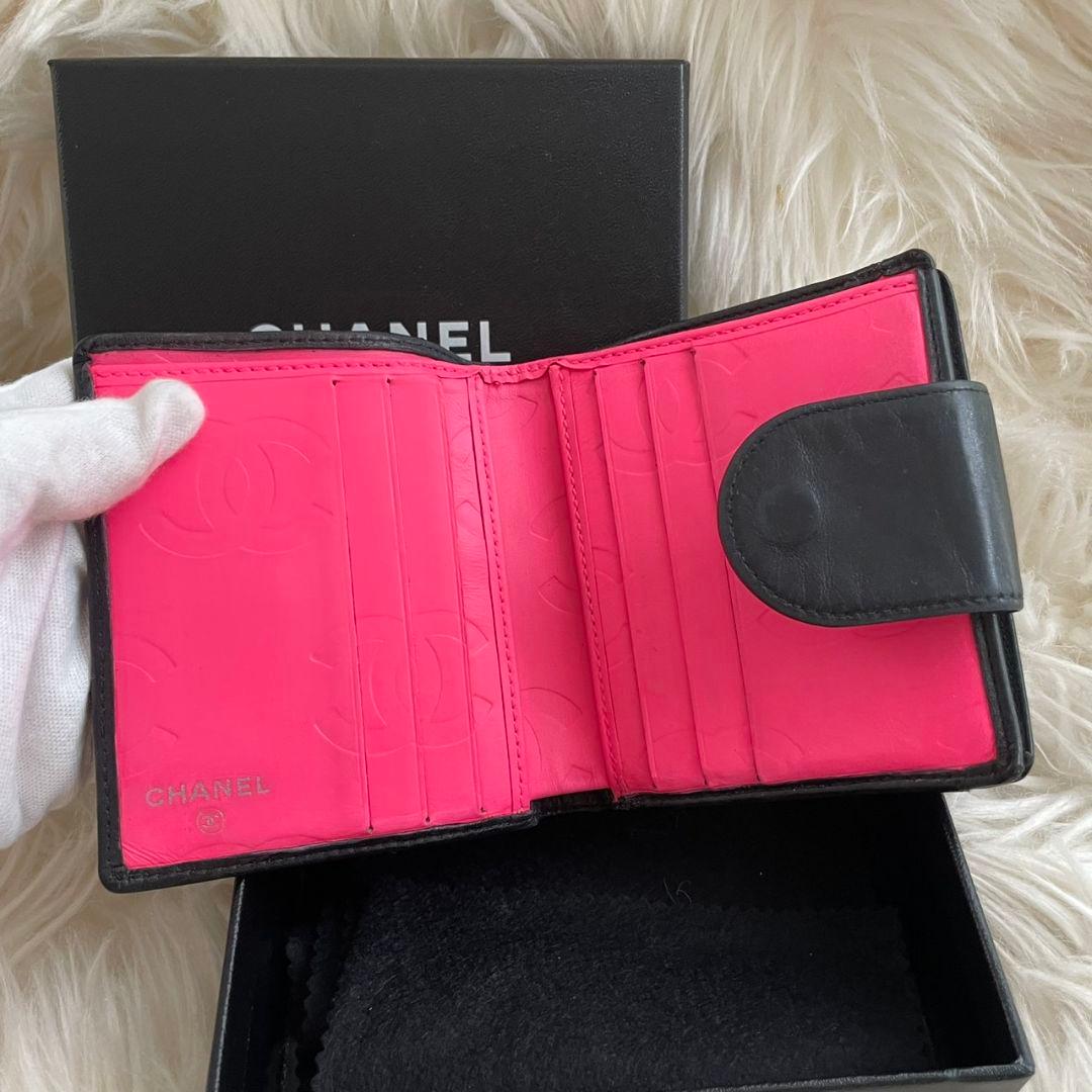 シャネル CHANEL 二つ折り 財布 カンボンライン ピンク 黒 がま口