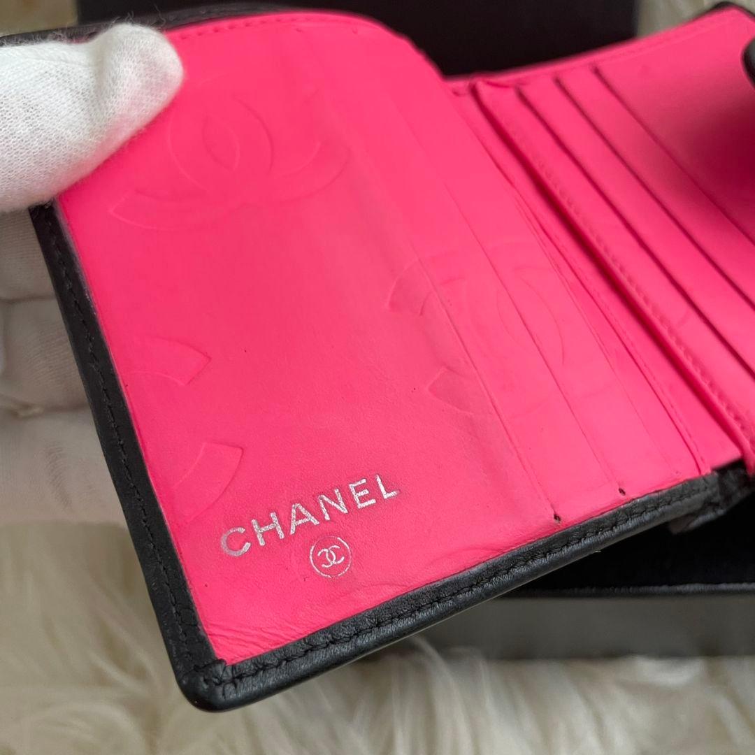 シャネル CHANEL 二つ折り 財布 カンボンライン ピンク 黒 がま口