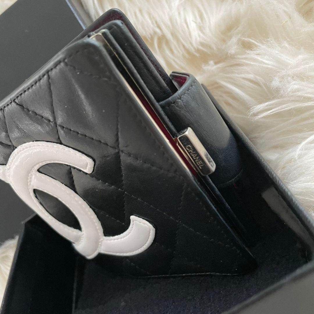 シャネル CHANEL 二つ折り 財布 カンボンライン ピンク 黒 がま口