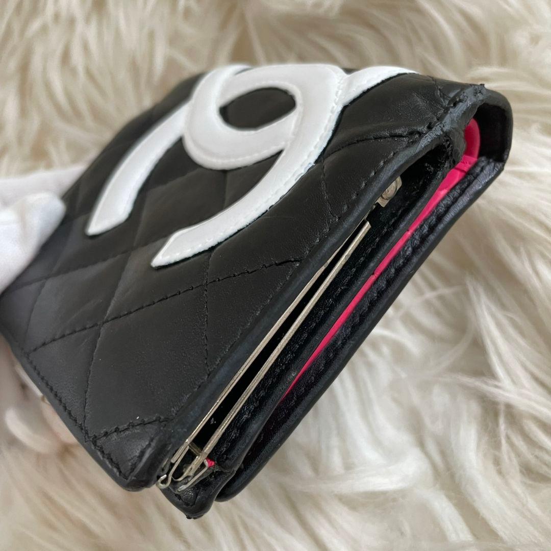 シャネル CHANEL 二つ折り 財布 カンボンライン ピンク 黒 がま口