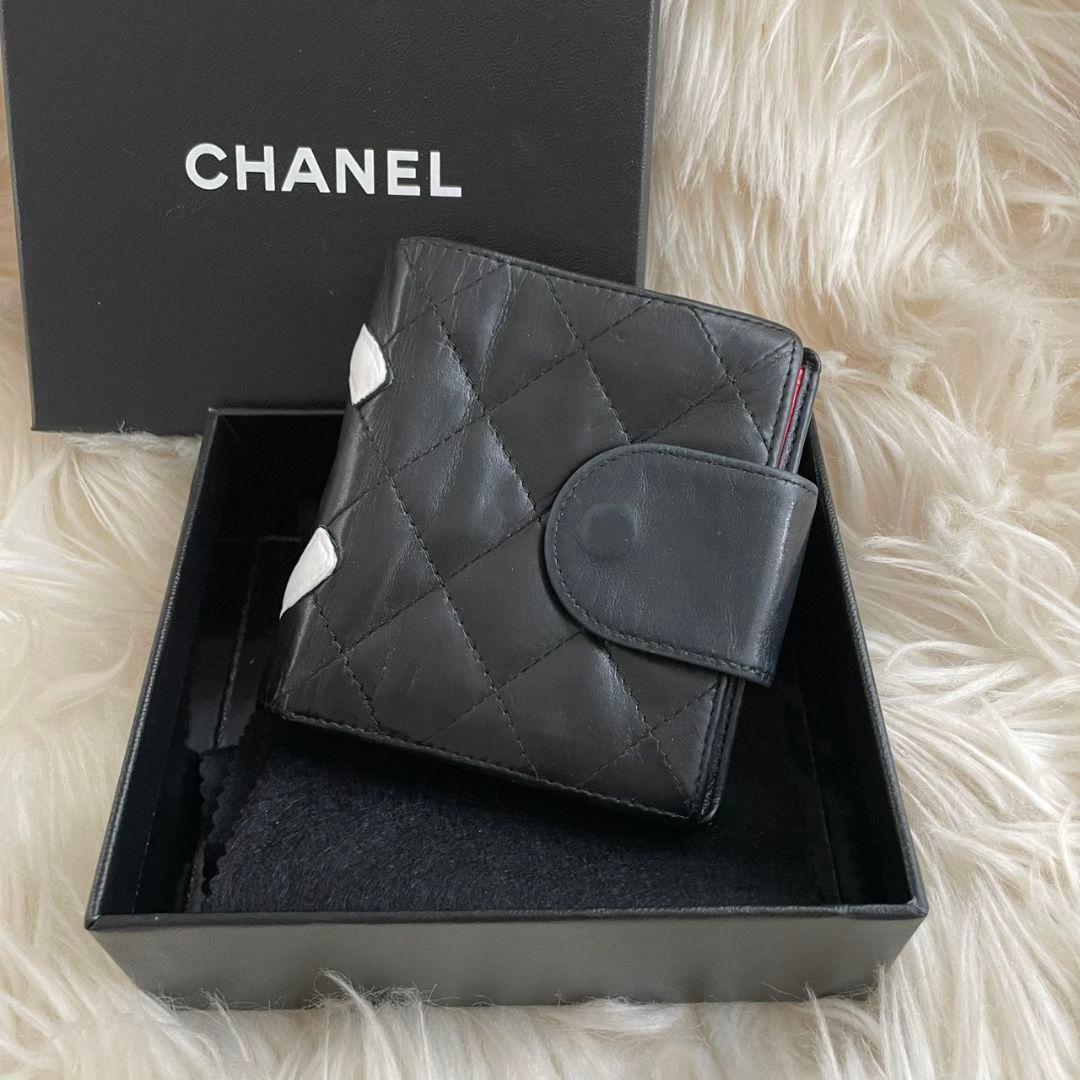 シャネル CHANEL 二つ折り 財布 カンボンライン ピンク 黒 がま口