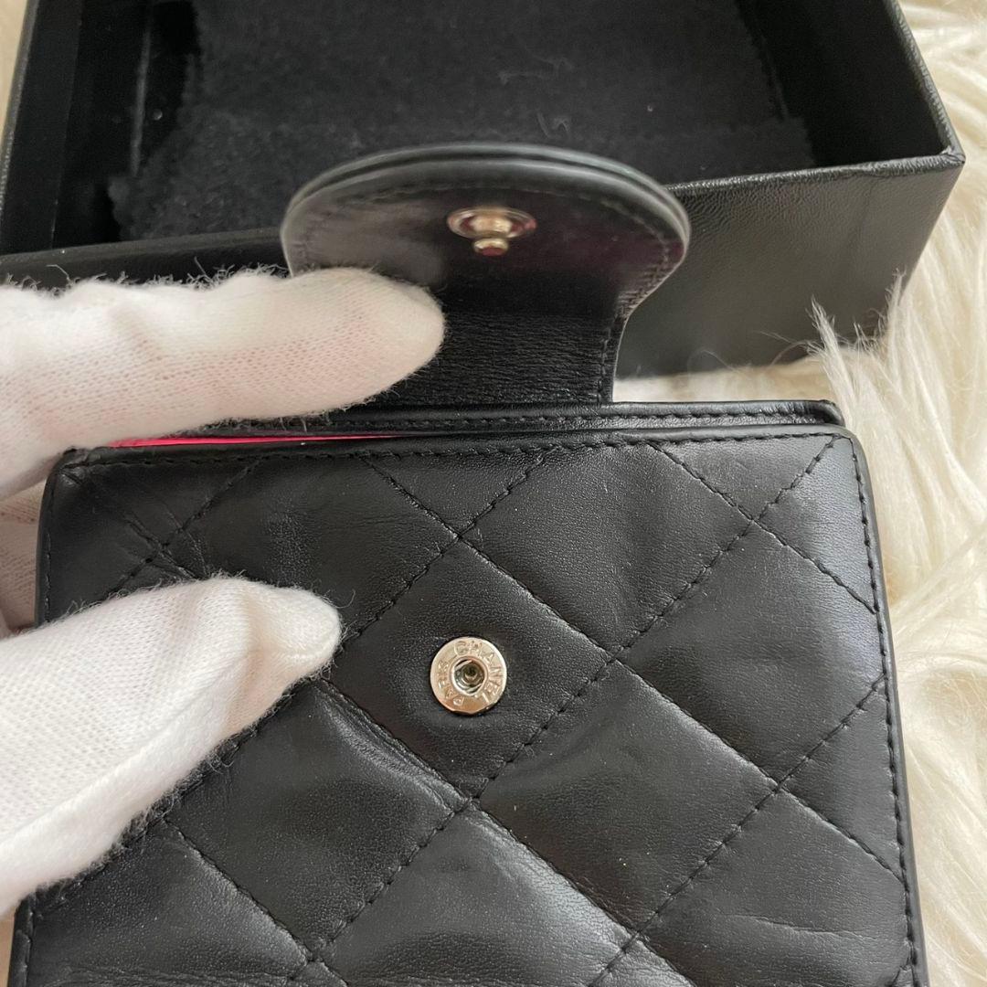 シャネル CHANEL 二つ折り 財布 カンボンライン ピンク 黒 がま口